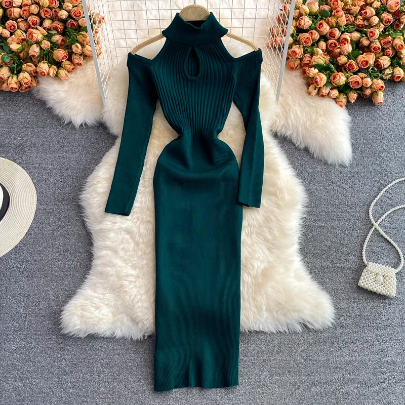 YuooMuoo Chic Fashion Sexy Wrap Hips Cut Out Shoulder Long Sleeve Knitted Autumn Dress Elegant Lady High Street Bodycon Vestido - Seprincess