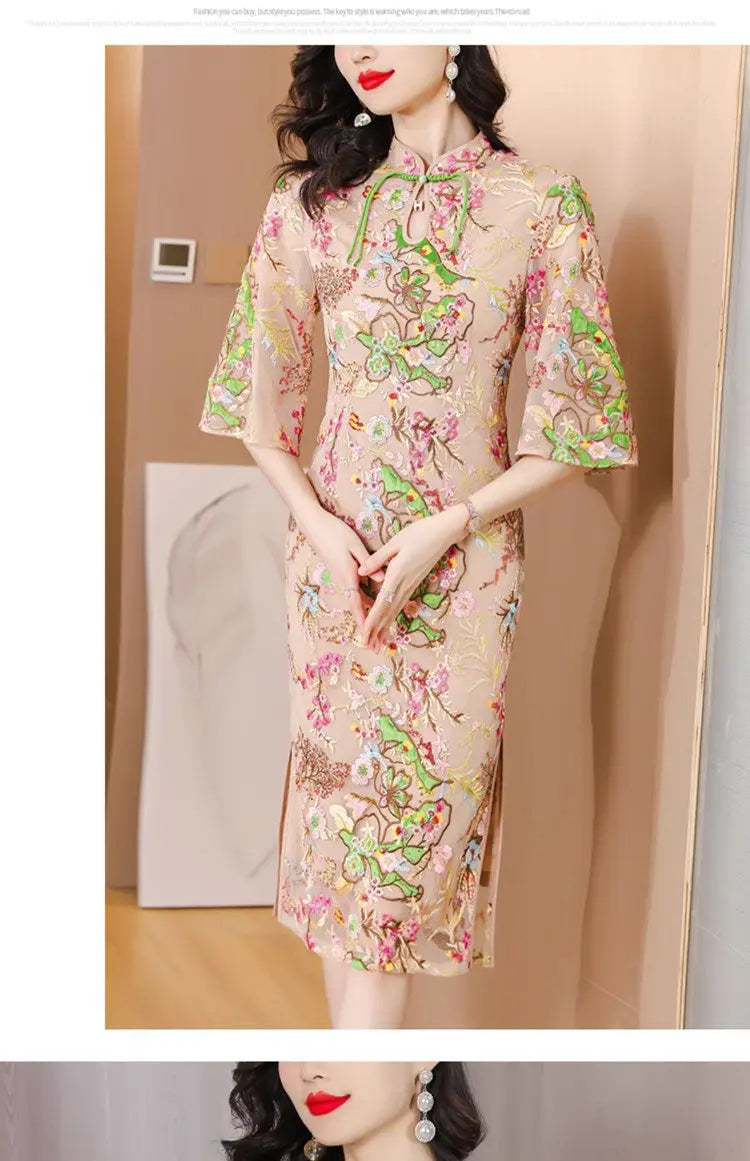 2024 new chinese improved elegant cheongsam woman summer national style gauze retro slimming embroidered half sleeve qipao dress - Seprincess