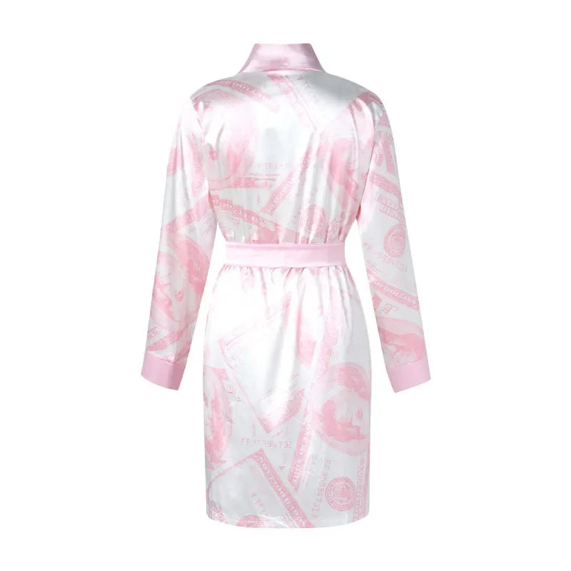 Xingqing Women Satin Robe Fashion Dollar Print Long Sleeve Silky Kimono Bathrobe Sleepwear Woman Nightwear Ladies Robes Dresses - Seprincess