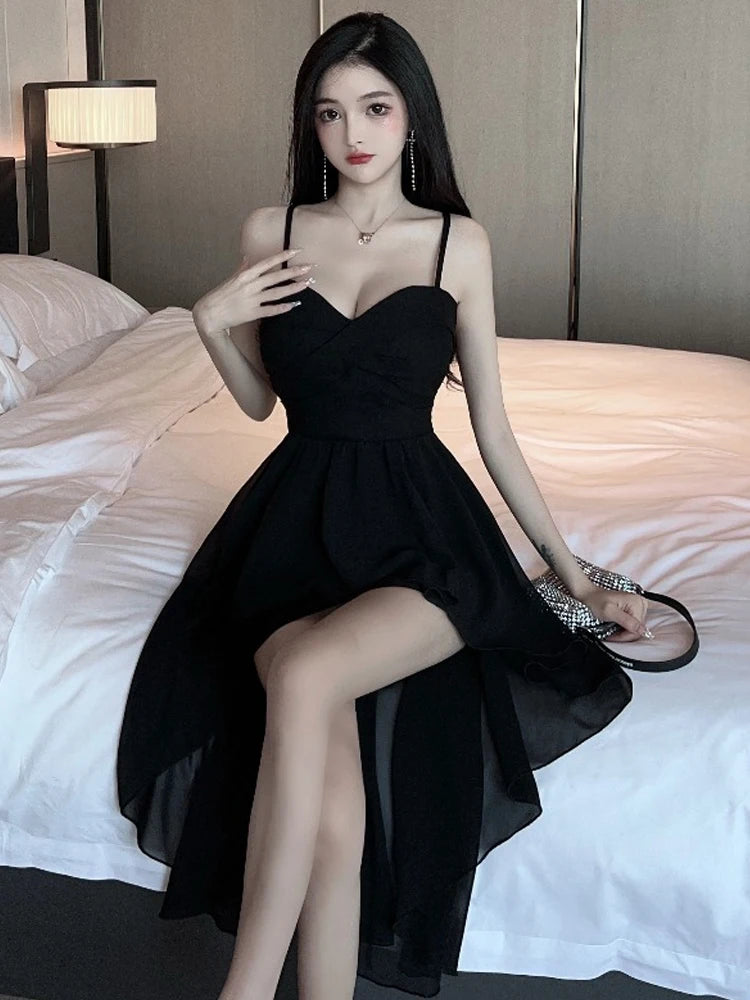 Onalippa Sexy Low-cut Strap Dress Early Spring New Temperament Feminine Irregular Waist Thin Solid Color Big Dresses Female - Seprincess