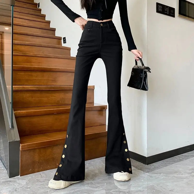 Micro-boot jeans brown buttoned design women's autumn and winter new high-waisted slim straight-leg floor mopping pants