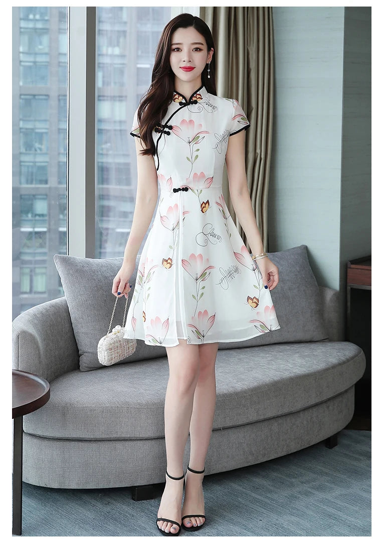 2023 Summer New Modern Improved Cheongsam Chiffon Printing Vintage Traditional Chinese Style Slim Qipao Dress - Seprincess