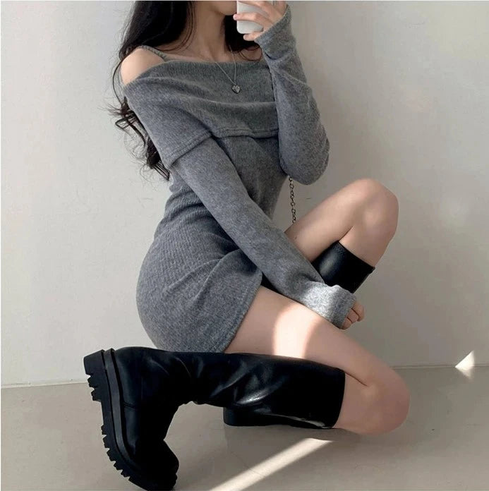 Off Shoulder Suspender Lapel Knit Dress Women Korean Sexy Slim Bottomed Mini Dresses Autumn Winter Solid Suspender Sweater Dress - Seprincess