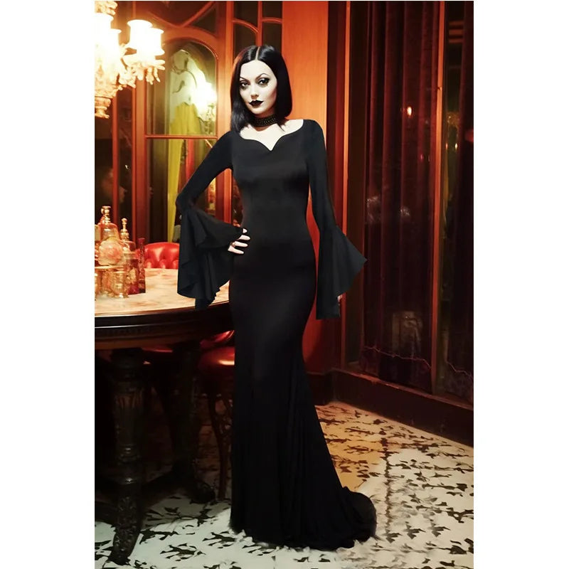 Halloween Morticia Adams Primate Black Adams Family Dress Retro Gothic Long Sleeve V-neck Dress with Luxury Casual Elegant Style - Seprincess