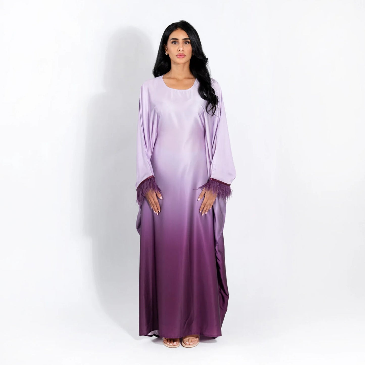 Fashion Shiny Feather Cuff Muslim Dress Robe Female Full Length Soft Butterflies Abaya Muslim Dress Worship Service Abaya wy2073 - Seprincess