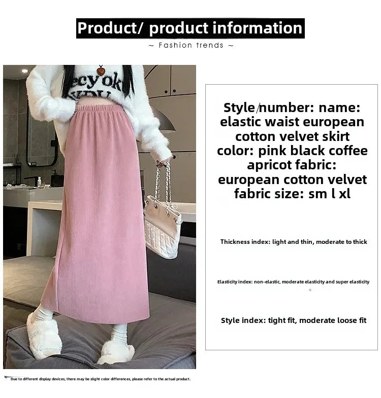 Thickened Fleece-Lined Corduroy Skirt Women's Autumn/Winter 2024 New Medium-Length A- Line Skirt With Side Slit High-Waisted