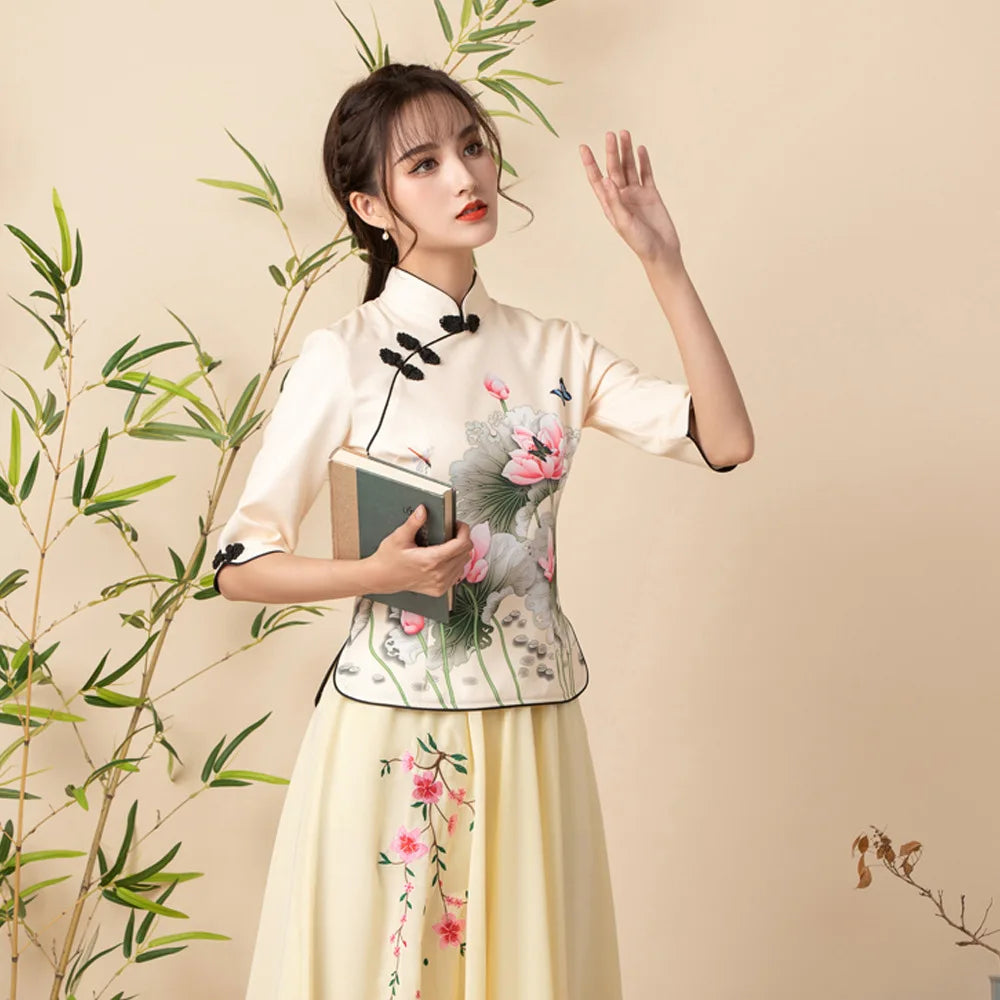 2023 Two Piece Cheongsam Chinese Dress Elegant Vintage Floral Print Modern Cheongsam Women Daily Qipao Dress Traditional Clothes - Seprincess