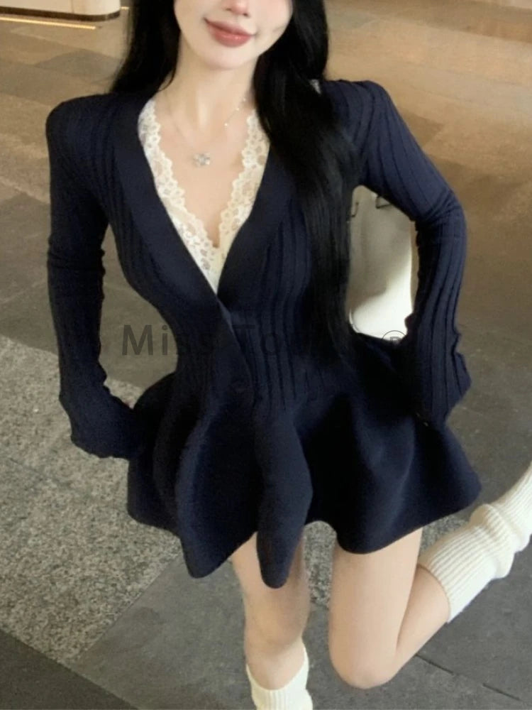 Winter Korean Fashion V Neck Knit Dress Women Designer Sweet Slim Sweater Dresses Female Retro Solid Y2k Knitted Dress New 2024 - Seprincess