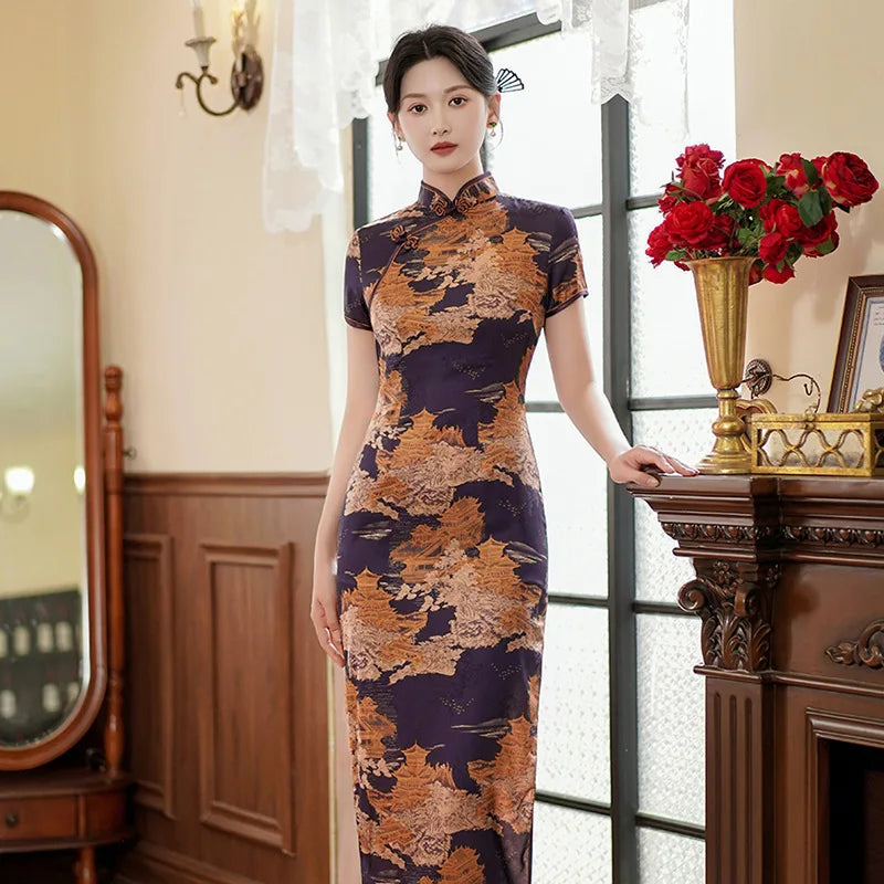 Large Size 4Xl 4Xl 5Xl Chinese Qipao Cheongsam Woman Chinese Traditional Dress Floral Print Slitting Hem Bodycon Sexy Vestidos