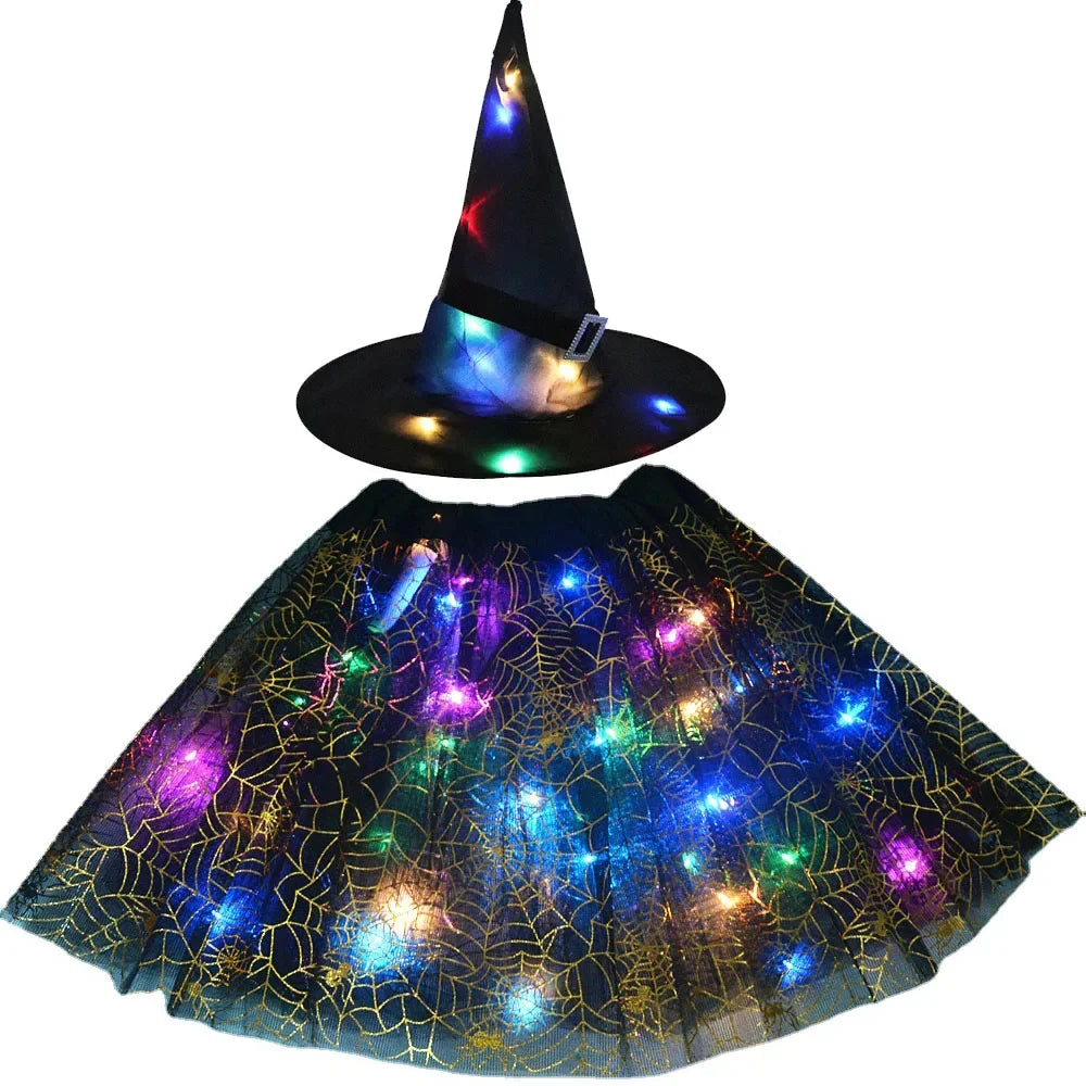 Women Kids Girl Luminous LED Glow Light Up Elf Witch Hat Star Skirt Spider Web Tutu Wizard Costume Party Gift Halloween Festival - Seprincess