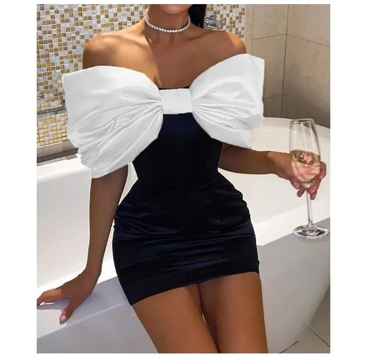 Elegant Dresses for Women Fashion New Off Shoulder Bow Wrap Hip Short Skirt Sexy Party Backless Skinny Evening Dress 2024 Summer - Seprincess