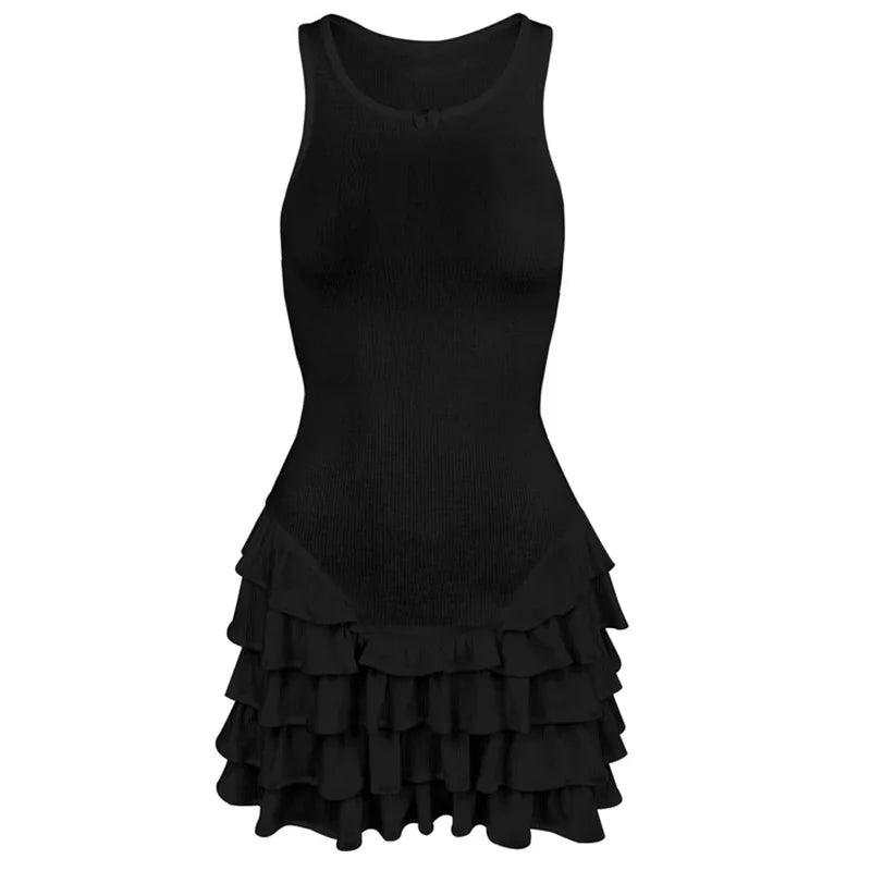 Absobe Bow Frill Layer Cake Tank Mini Dress Women U-Neck Patchwork Ruffles Slim Wrap Hip Short Dress Hottie Summer Beachwear - Seprincess