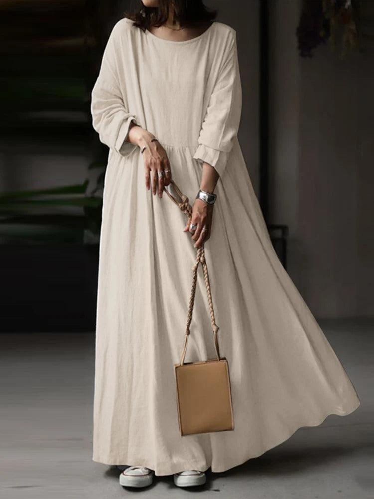 Autumn Women Sundress ZANZEA 2023 Vintage Solid Dresses Female Cotton Robe Casual Long Sleeve Pleated Maxi Vestidos Kaftan - Seprincess