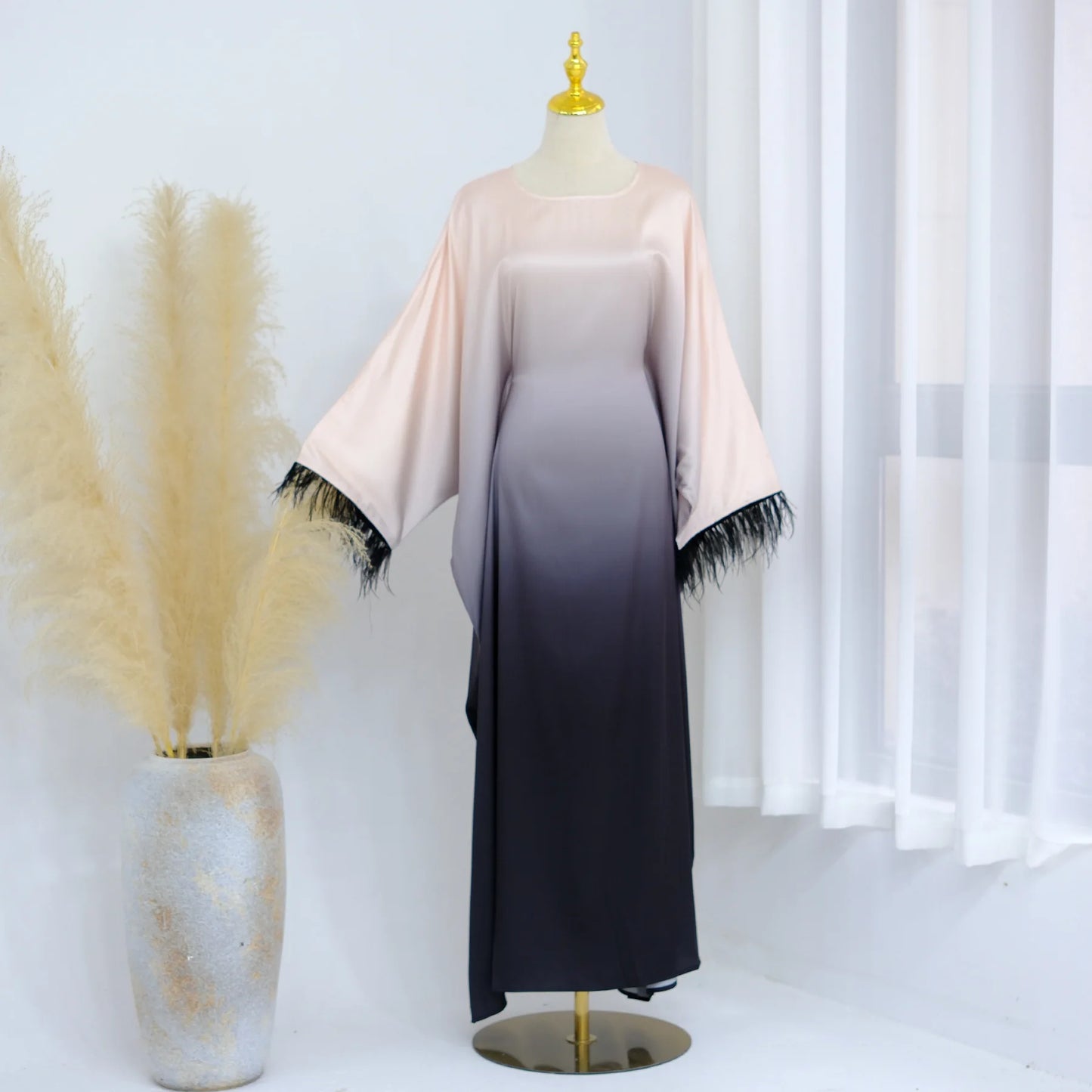 Fashion Shiny Feather Cuff Muslim Dress Robe Female Full Length Soft Butterflies Abaya Muslim Dress Worship Service Abaya wy2073