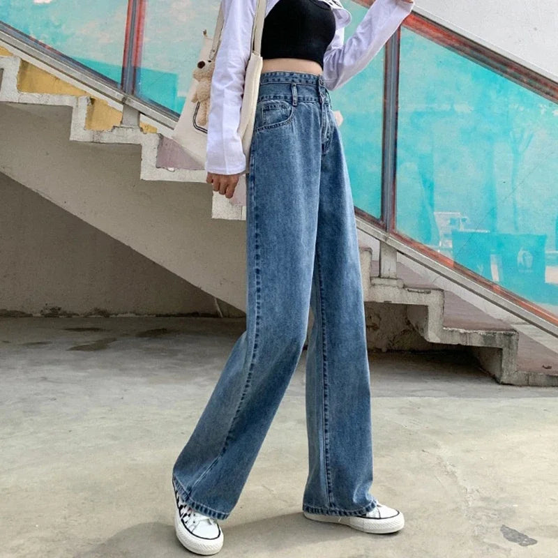 Woman High Waist Wide Leg Jeans Girls Fashion loose Straight Leg Pants Female Streetwear Light Blue Retro Blue Denim Trousers