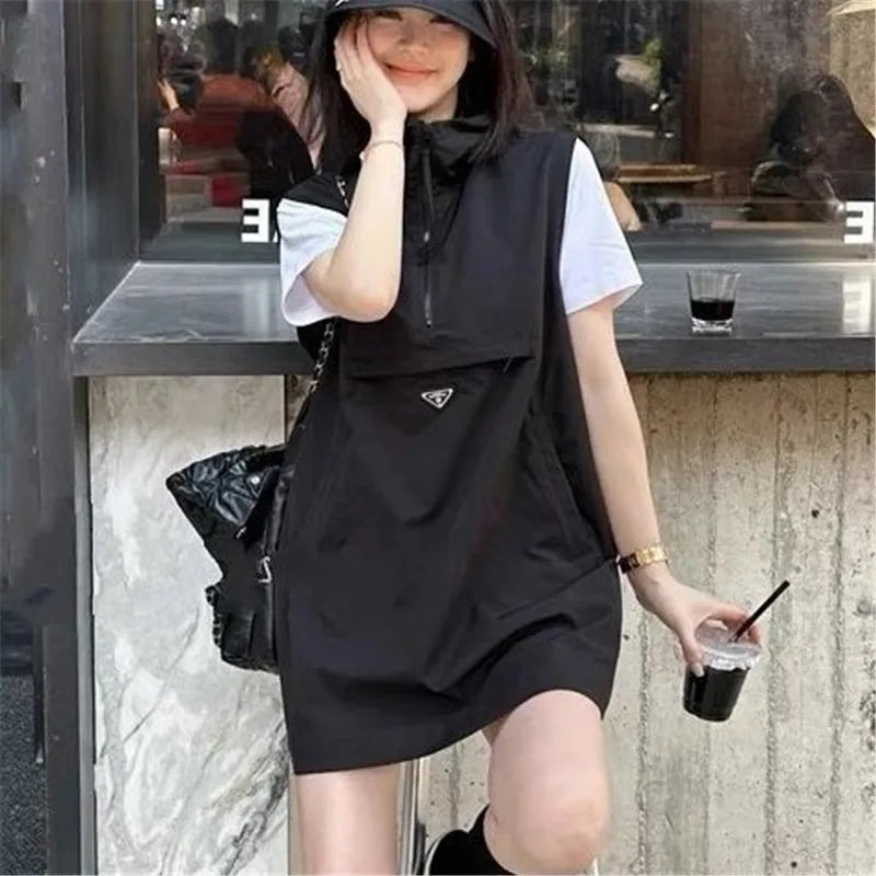 Spring Summer Hooded Waistcoat Dress Women 2024 New Fashion Loose Leisure Sleeveless Dress A Word Skirt Pure Colour 5XL Female - Seprincess