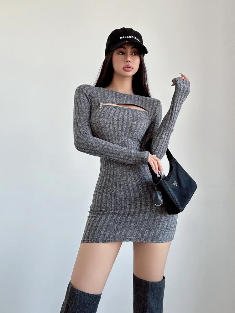 WOMENGAGA Chest Zipper Knitted Dress Elegant Women's 2024 Spring Slim Long Sleeve Wrapped Hip Mini Dress Sweater Tops 2024 D0DO - Seprincess