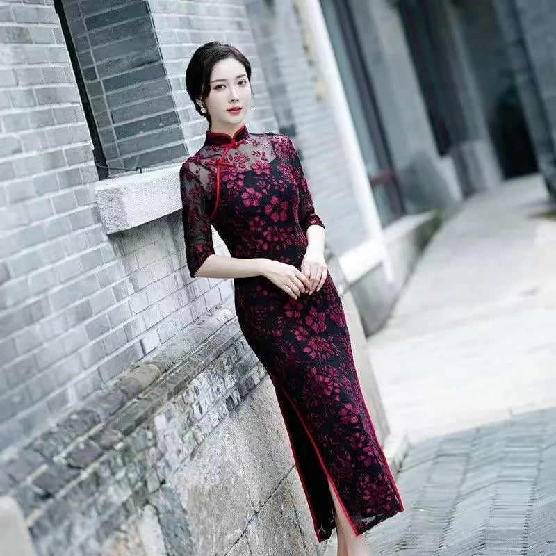 Chinese Style Women's Traditional Dress Retro Old Shanghai Style Long Cheongsam with 3/4 Sleeve Lace Summer Dress - Seprincess