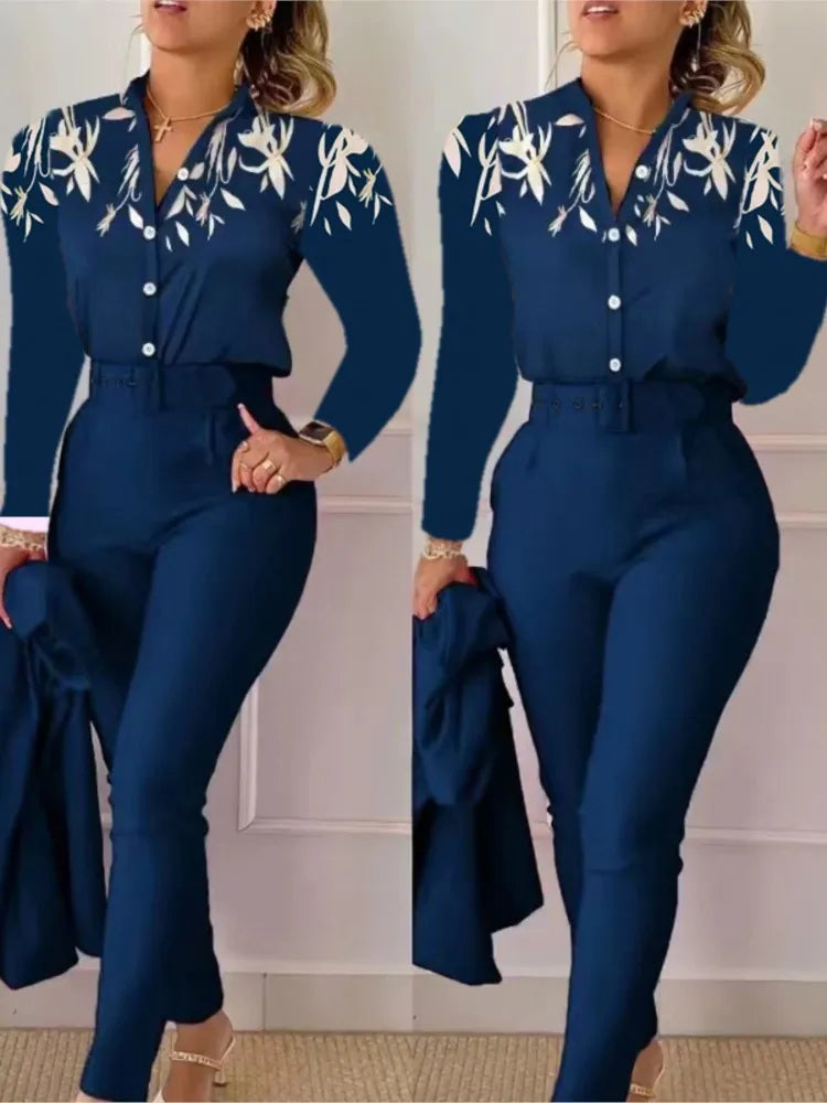 Elegant Women Printed Two Piece Suit Sets Spring Autumn V Neck Long Sleeve Shirt Top & Long Pants Set With Belt Workwear Outfits