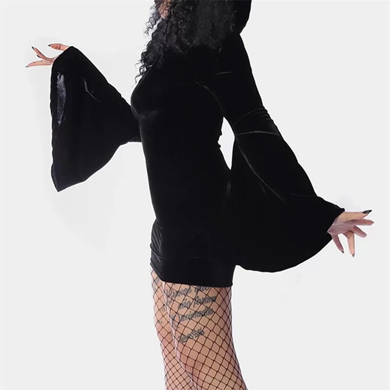 Women Halloween Witch Cosplay Costumes Long Sleeve Black Hooded Bodycon Mini Dresses Gothic Goth Short Dress for Party - Seprincess