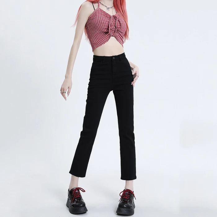 High Waisted Straight Slim Elastic Denim Jeans For Women Smoke Pipe 9,8 Pants Casual Brand Sexy Trousers Female