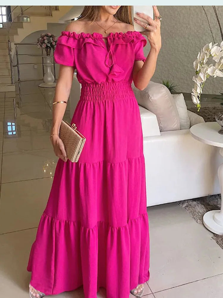 2024 Summer Solid Boho Dress Women Fashion Elegant Beach Party Dress Casual Slash Neck Office Maxi Dresses For Woman Robe Femme - Seprincess