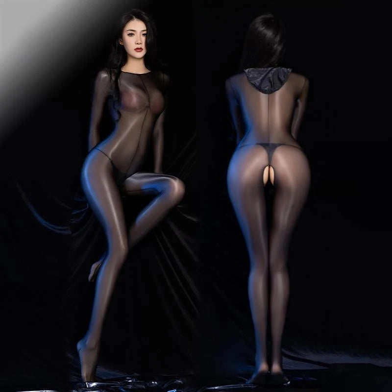 New Oil Shiny Silky Transparent Catsuit Bodysuit Women Sexy Open Crotch Full Body Stockings Fetish Cosplay Costumes