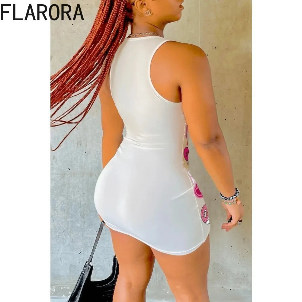 FLARORA Elegant Dresses for Woman 2024 New Woman Sleeveless Printing Bodycon Mini Dress Sexy Fitted Short Dress Y2k Streetwear - Seprincess