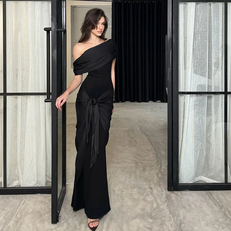 2024 Party Evening Dresses Elegant Black Slash Neck Maxi Dress For Women Fashion Short Sleeve Bodycon Banquet Vestidos Female - Seprincess