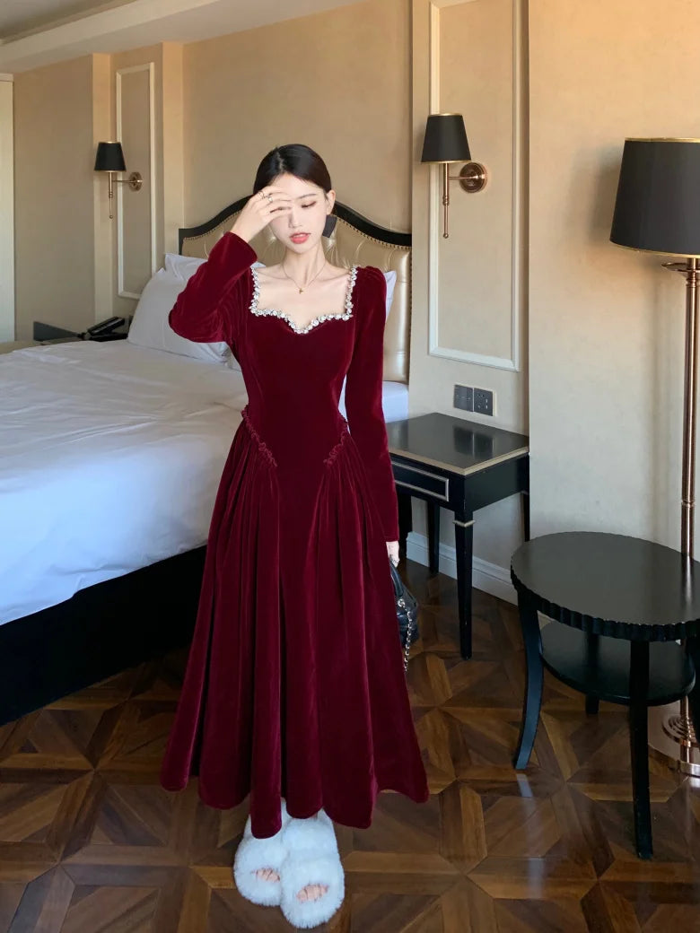 Vintage Evening Party Velvet Dresses for Woman Elegant Fashion Wedding Birthday Prom Long Sleeves Female Clothing Black Robe - Seprincess