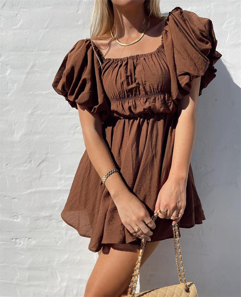 Women Casual Summer Dress Fashion Sexy Solid Color Elegant Short Puff Sleeve Off-shoulder Tunic Dress Brown/White - Seprincess