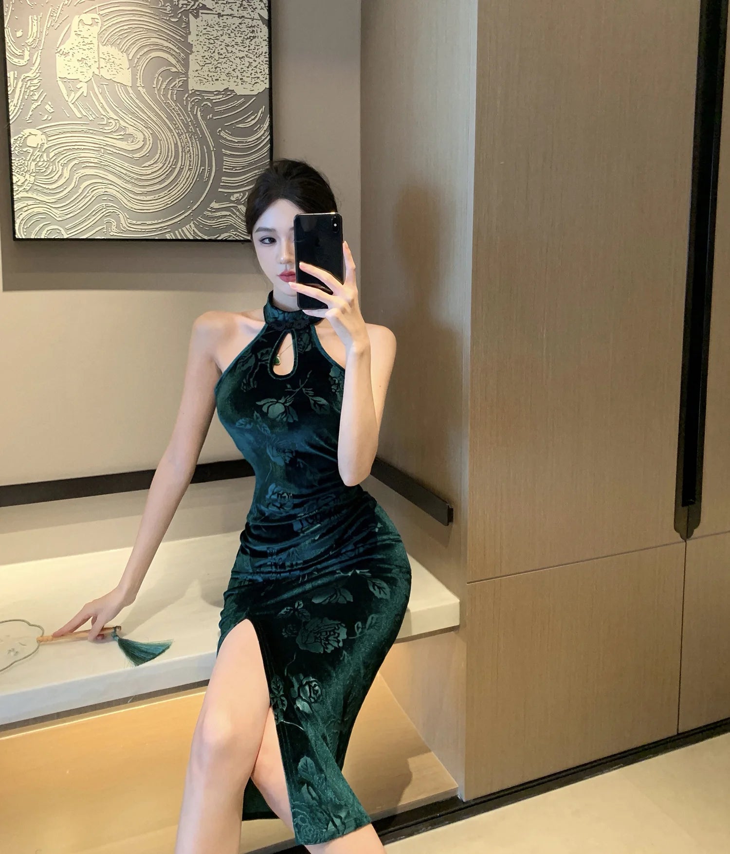 Vintage Green Print Cheongsam New Chinese Style Velvet Dress Sexy Split Vestidos Lady Autumn Dresses Hollow Out Qipao Vestidos - Seprincess