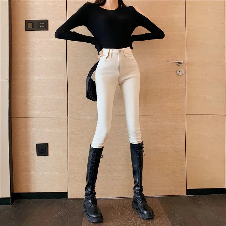 Jeans Women Spring 2023 Fashion Beige High Waist Leggings Skinny Label Pencil Pants Boots Pants