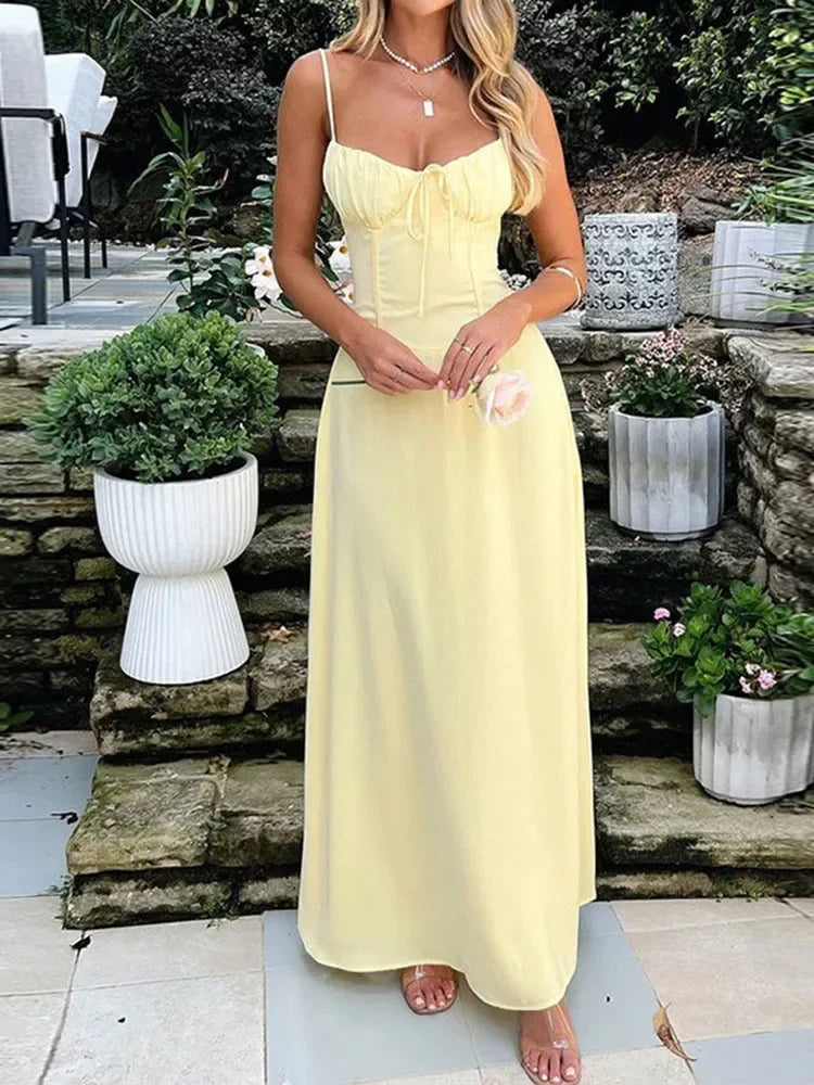 Elegant Strappy Backless Long Dress Women's Summer Fashion Round Neck Smocked Solid Color Slim Evening Dress Long Dress - Seprincess