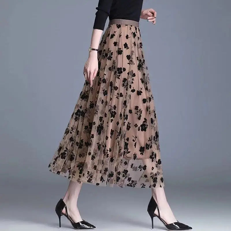 Korean Women Tulle Skirt Fashion Summer Hook Floral Loose Midi Skirt Elegant Female Casual All Match Mesh Skirts New - Seprincess