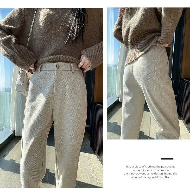 Winter Woolen Pants for Women Thicken Warm Ankle-Length Harem Pants Office Lady Khaki Elastic Waist Fashion Women's Trousers