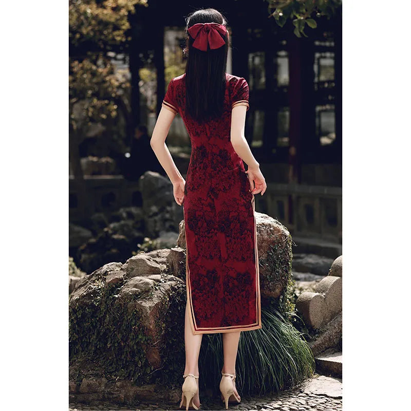 Wine Red Long Short Sleeves Cheongsam 2023 New Improved Young women Summer Silk and Satins Fashion One Piece Chinese Qipao Dress - Seprincess