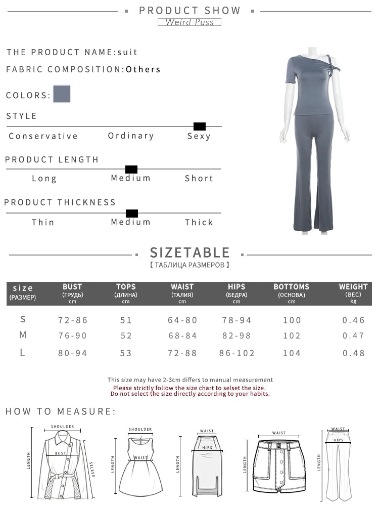 Weird Puss Irregular Knot Women 2 Piece Sets Stretch Casual Short Sleeve Tank Tops+Flare Pants Matching Outfits Slim Streetwear - Seprincess