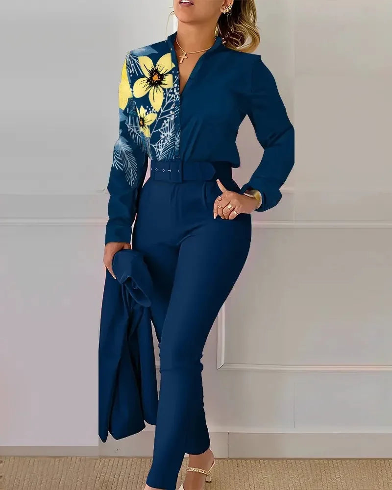 Elegant Women Printed Two Piece Suit Sets Spring Autumn V Neck Long Sleeve Shirt Top & Long Pants Set With Belt Workwear Outfits