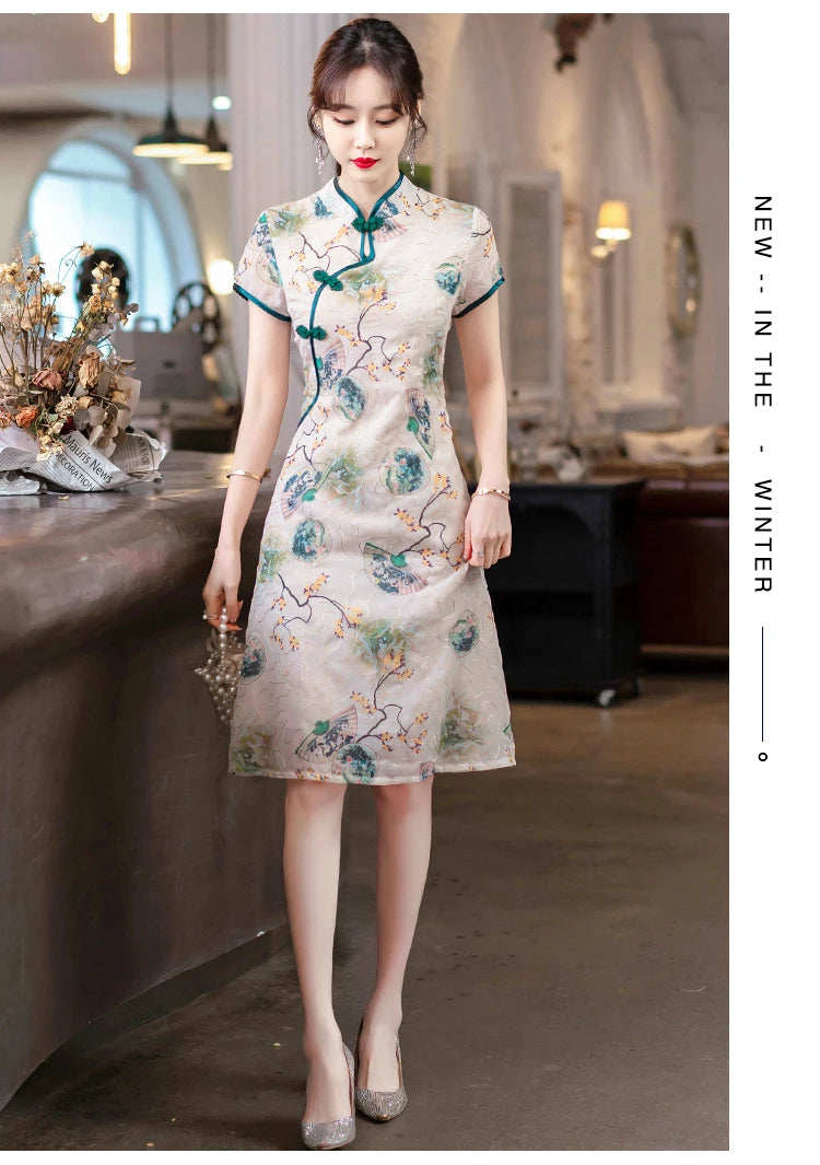 Fashion Modern Chinese Cheongsam A-line Dress Women Short Sleeve Qipao Traditional Chinese Clothes - Seprincess