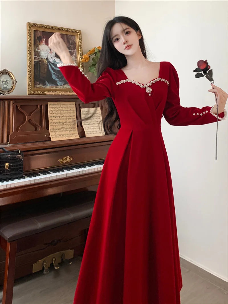 Burgundy Velvet Prom Dresses Square Collar Long Sleeve Pearl Crystal Long Engagement Dress Plus Size Female Formale Gowns - Seprincess