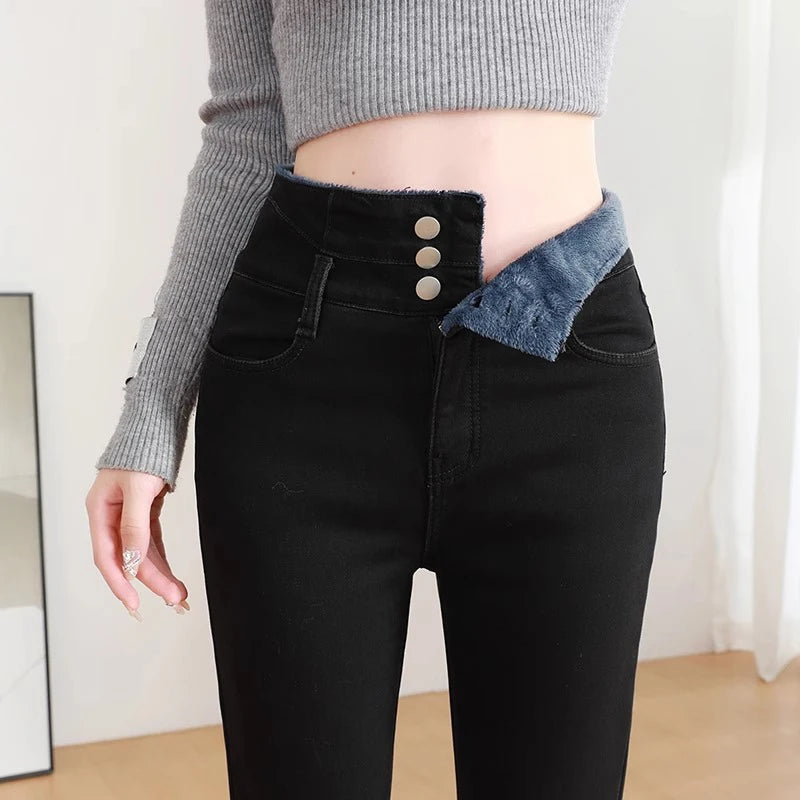 Epligg Thermal Winter Thick Women Stretch Button Pencil Pants Velvet Casual Jeans Thick Fleece High-waist Warm Skinny Jeans