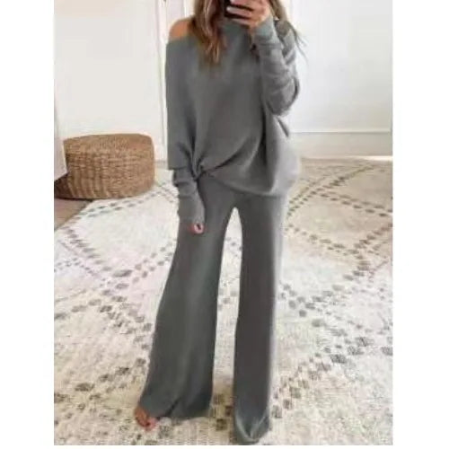 Fashion Long-sleeved Bateau Collar Top + Wide-leg Pants 2-piece Set Women Elegant Autumn Solid Color Knitted Loose Suit Female - Seprincess