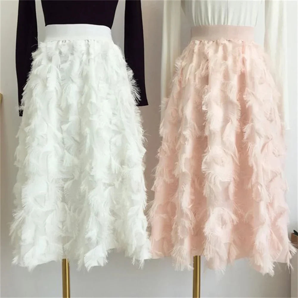 2024 Spring Fashion Elegant Party Black White Casual Midi Skirts Women Tassel Elastic High Waist Sweet A Line Skirt Female - Seprincess