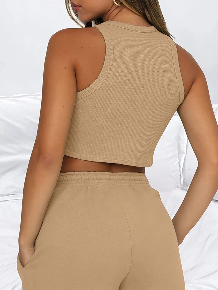 2024 Summer New Sleeveless Waffle Elegant Women's Sets Solid Color Sexy Waist Vest Casual Tethered Shorts Female's Two-Piece Set