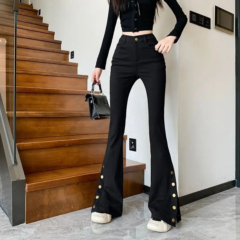 Micro-boot jeans brown buttoned design women's autumn and winter new high-waisted slim straight-leg floor mopping pants