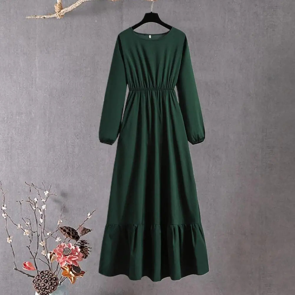 Women Spring Fall Dress Pleated Long Sleeve Round Neck High Waist Loose Hem Dress-up A-line Patchwork Lady Maxi Dress Female Clo - Seprincess