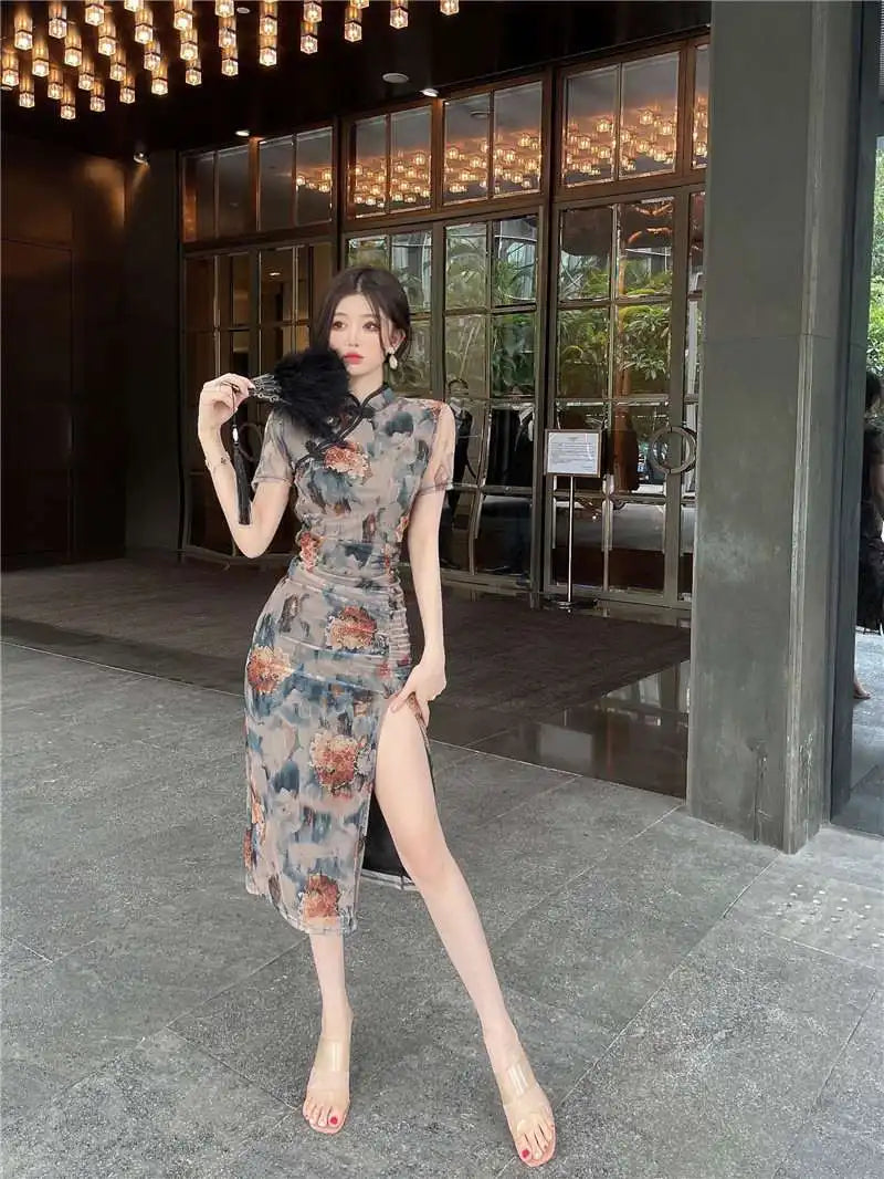 Retro Fenghua Color Imperial Sister Cheongsam Goddess Style Improved Qipao Women's Summer Slim Fit Show Body Slit Bag Dress - Seprincess