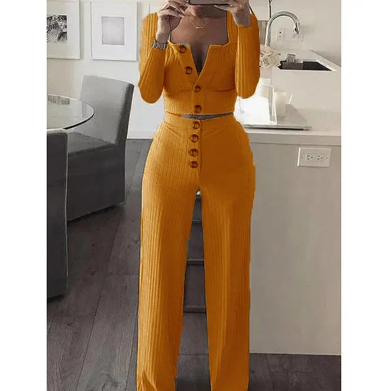 Two Piece Set Women Outfit 2023 Spring Fashion Square Neck Long Sleeve Casual Short Cardigan Top & Buttoned Casual Pants Suit - Seprincess