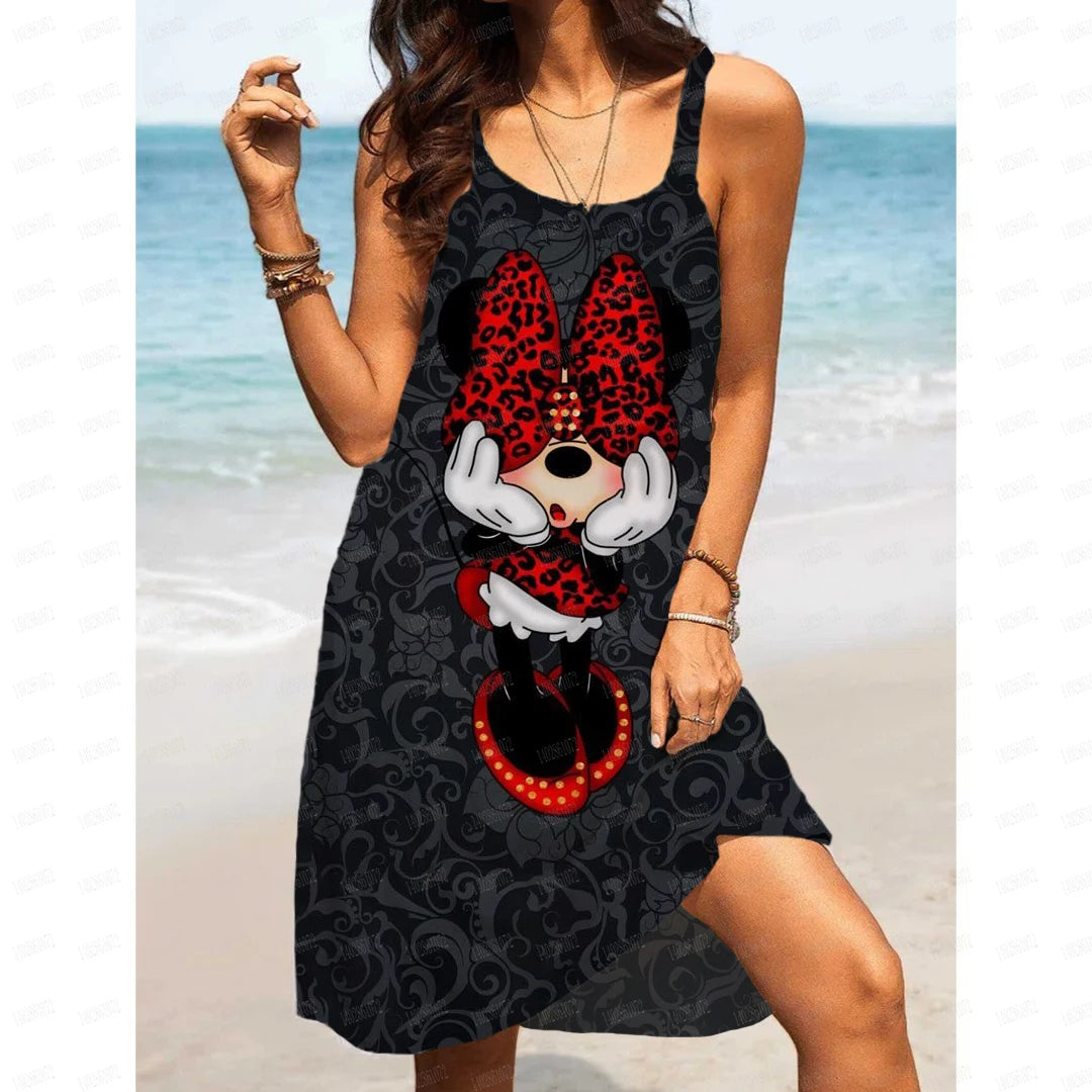 Women's Summer Casual Swinging Strap Beach Dress Disney Mickey Mouse Print Plus Size Loose Sexy Open Back Dress - Seprincess